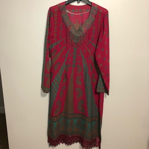 Kurti Magenta Blue Print Long Sleeve Side Slits Sheer Lightweight Tunic Dress - Picture 5 of 13